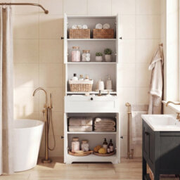 Gainoom Tall White Bathroom Cabinet Freestanding Storage Cabinet Modern Wooden Storage Organizer - thumbnail 4