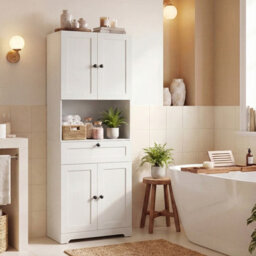 Gainoom Tall White Bathroom Cabinet Freestanding Storage Cabinet Modern Wooden Storage Organizer - thumbnail 3