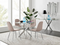 Furniturebox Novara Clear Tempered Glass 100Cm Round Dining Table With Chrome Starburst Legs & 4 Beige Corona Faux Leather Chairs