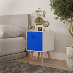Urbn-Living Urbnliving 51Cm Height White Wooden Cube Storage Bookcase Beech Legs Bedroom Bedside With Dark Blue Inserts