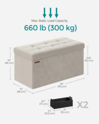 Ottoman Box, Wide Storage Bench With Foldable Feature, Cream White - thumbnail 2