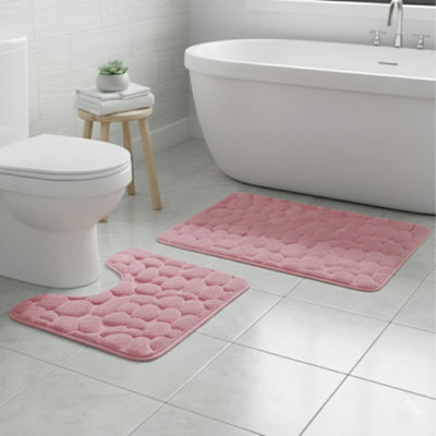 2 Piece Pebble Design Memory Foam Bath Mat Set Soft Absorbent Non-Slip Bathroom Pink - image 1
