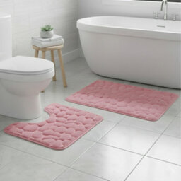 2 Piece Pebble Design Memory Foam Bath Mat Set Soft Absorbent Non-Slip Bathroom Pink