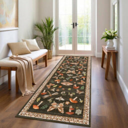London Boutique 60X180Cm Mushroom Butterfly Runner Rug, Washable Non-Slip Low Pile Carpet For Nursery, Bedroom, Living Room, Brown