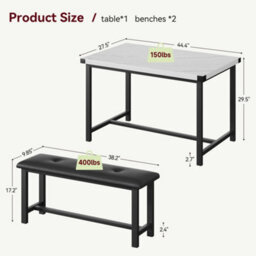 London Boutique Dining Table Set With 2 Benches, 3-Piece Space-Saving Kitchen & Dining Room Set 70D X 113W X 75H Cm, Metal Frame - thumbnail 2