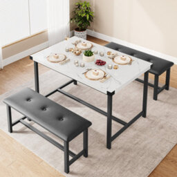 London Boutique Dining Table Set With 2 Benches, 3-Piece Space-Saving Kitchen & Dining Room Set 70D X 113W X 75H Cm, Metal Frame