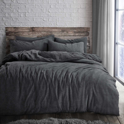 Velosso Plain Teddy Warm And Cosy Duvet Cover And Pillowcase Set - Charcoal