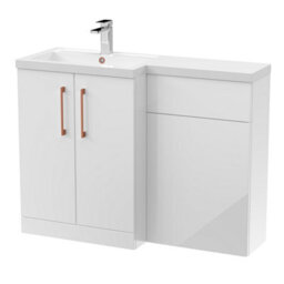 Balterley Left-Hand Bathroom Vanity And Wc Unit Combination With Basin - 1100mm - Gloss White With Copper Handles - thumbnail 1