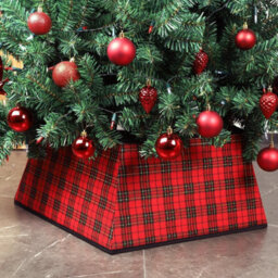 Christmas Tree Skirt Square Stand Base Red & Black Plaid Folding Collar Basket Durable Holiday Tree Cover Decoration