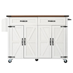 Btm Farmhouse Style Rolling Kitchen Island Trolley With Large Cabinet, 2 Drawers, Adjustable Shelf, Spice  Towel Rack, White - thumbnail 7