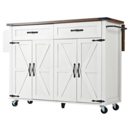 Btm Farmhouse Style Rolling Kitchen Island Trolley With Large Cabinet, 2 Drawers, Adjustable Shelf, Spice  Towel Rack, White - thumbnail 6