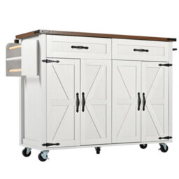 Btm Farmhouse Style Rolling Kitchen Island Trolley With Large Cabinet, 2 Drawers, Adjustable Shelf, Spice  Towel Rack, White - thumbnail 8