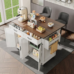 Btm Farmhouse Style Rolling Kitchen Island Trolley With Large Cabinet, 2 Drawers, Adjustable Shelf, Spice  Towel Rack, White - thumbnail 3