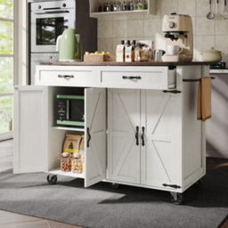 Btm Farmhouse Style Rolling Kitchen Island Trolley With Large Cabinet, 2 Drawers, Adjustable Shelf, Spice  Towel Rack, White - thumbnail 2