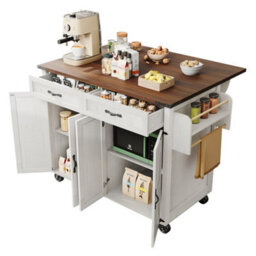 Btm Farmhouse Style Rolling Kitchen Island Trolley With Large Cabinet, 2 Drawers, Adjustable Shelf, Spice  Towel Rack, White - thumbnail 5