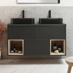 Homestylestore Black Grey 1200mm Led Lit Wall Hung Bathroom Vanity Unit Rectangular Graphite Countertop Basins Open Shelves - thumbnail 2
