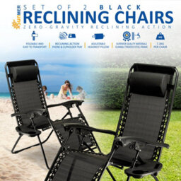 Sunmer Reclining Garden Chairs With Cup And Phone Holder - Set Of 2 - Black - thumbnail 2