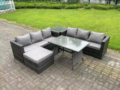 Fimous 7 Seater Rattan Garden Dining Set Outdoor Furniture Sofa With Dining Table Big Footstool Side Table - image 1