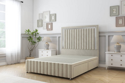 "Sloomy Boston Chrome Cream Plush Divan Bed 2 Drawers Left Side-26"" Strutted Headboard 12"" Footboard 4'6 Double" - image 1