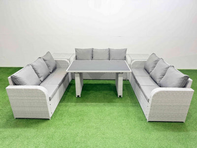 Fimous Patio Garden Furniture Sets With Black Glass Top Dining Table 3 Seater Sofa 2 Side Tables Light Grey - image 1