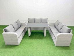 Fimous Patio Garden Furniture Sets With Black Glass Top Dining Table 3 Seater Sofa 2 Side Tables Light Grey