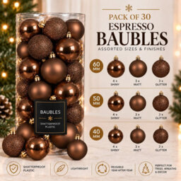Decoris 30 Espresso Brown Baubles Shatterproof Christmas Tree Hanging Decoration - thumbnail 4