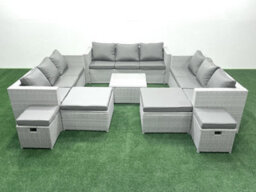 Fimous Rattan Garden Outdoor Furniture Set 13 Seater Rattan Garden Sofa Set 4 Stools Light Grey - thumbnail 2