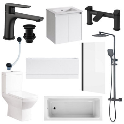 Plum&clay Complete Bathroom Suite Black Taps 600mm White Wall Hung Vanity Unit Bath Shower Screen Toilet Waste - image 1