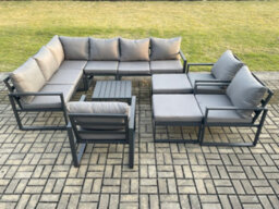 Fimous 11 Seater Outdoor Lounge Corner Sofa Set Aluminum Garden Furniture Sets With Square Coffee Table 3 Chairs - thumbnail 2