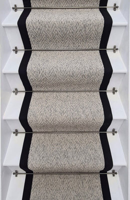RainbowHome Herringbone Mirage Grey Stair Runner With 100% Cotton Black Border 55 600 - image 1