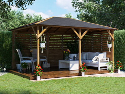 Dunster House Wooden Gazebo Louvre Wall 4M X 3M Garden Shelter Roof Shingles Utopia - image 1