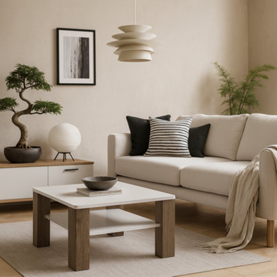 Wyld Haus Porto Square Gloss White Coffee Table With Oak Detail And Shelf - image 1