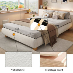 Abrihome Upholstered Bed, 4Ft6 Double Bed 135X190Cm, Sturdy Bed Slats, Comfortable Soft Bed, Velvet + Mdf+Plywood, Beige - thumbnail 4