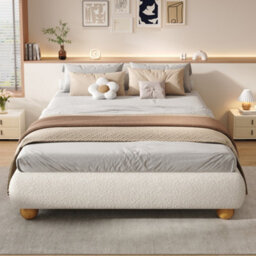 Abrihome Upholstered Bed, 4Ft6 Double Bed 135X190Cm, Sturdy Bed Slats, Comfortable Soft Bed, Velvet + Mdf+Plywood, Beige - thumbnail 2