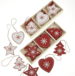 Heaven Sends Christmas - Set Of 24 Red And White Wooden Scandinavian-Style Christmas Decorations In Wooden Storage Box
