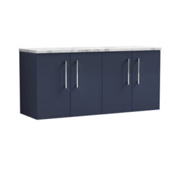 Nuie Arno Wall Hung 4-Door Vanity & Carrera Marble Laminate Worktop, Stylish Counter Top Vanity Unit In Midnight Blue, 1200mm