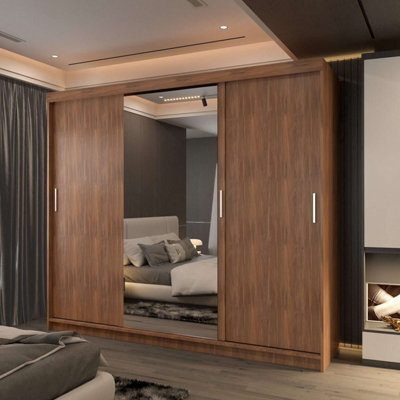 M N Furniture Ltd Modern 3-Door Sliding Wardrobe With Led Light & Mirror - 250Cm Bedroom Cabinet (Walnut 250Cm) - image 1