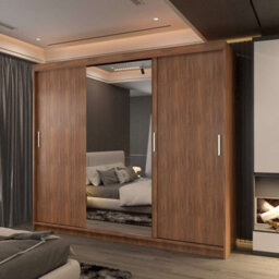 M N Furniture Ltd Modern 3-Door Sliding Wardrobe With Led Light & Mirror - 250Cm Bedroom Cabinet (Walnut 250Cm) - thumbnail 1