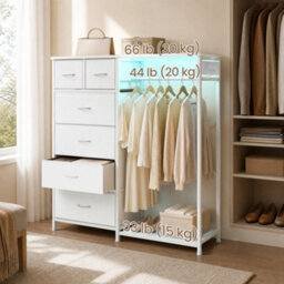 Ledrem Open Wardrobe With 6 Drawers, Led Lights And Charging Station, 102.7 X 35 X 117.6 Cm, White - thumbnail 1