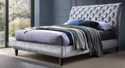 Save On Goods UK 4Ft6 Double Grey Crushed Velvet Fabric Scroll Sleigh Chesterfield Button Back Fabric Upholstered Bed Frame