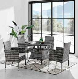 Athens Grey 4 Seater Rattan Garden Dining Patio Set With Round Table & Light Grey Cushions + Free Rain Cover