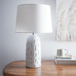 K Living Modern Ceramic Table Lamp In A Soft White Base Finish With A Natural Linen Shade - thumbnail 1