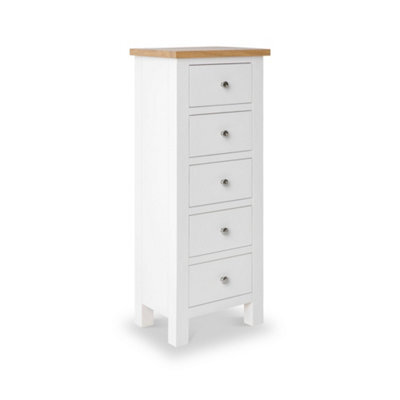 Farro White 5 Drawer Tallboy Chest Fully Assembled - Painted With Oak Top By Roseland Furniture - image 1