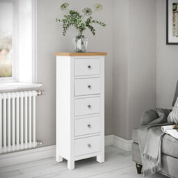 Farro White 5 Drawer Tallboy Chest Fully Assembled - Painted With Oak Top By Roseland Furniture - thumbnail 3