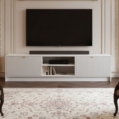 Tv Stand Tireno 2K 180 Cm White Velvet Modern Ribbed Media Unit Cabinet Gold Handles Living Room Furniture Glamour Style - image 1