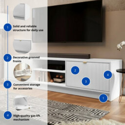 Tv Stand Tireno 2K 180 Cm White Velvet Modern Ribbed Media Unit Cabinet Gold Handles Living Room Furniture Glamour Style - thumbnail 6