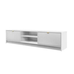 Tv Stand Tireno 2K 180 Cm White Velvet Modern Ribbed Media Unit Cabinet Gold Handles Living Room Furniture Glamour Style - thumbnail 2