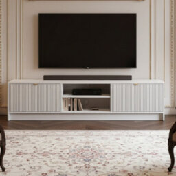 Tv Stand Tireno 2K 180 Cm White Velvet Modern Ribbed Media Unit Cabinet Gold Handles Living Room Furniture Glamour Style