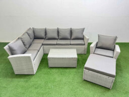 Fimous 8 Seater Garden Outdoor Pe Rattan Furniture Set Rattan Garden Sofa Set With Big Footstool Light Grey Mixed - thumbnail 1