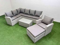 Fimous 8 Seater Garden Outdoor Pe Rattan Furniture Set Rattan Garden Sofa Set With Big Footstool Light Grey Mixed - thumbnail 2